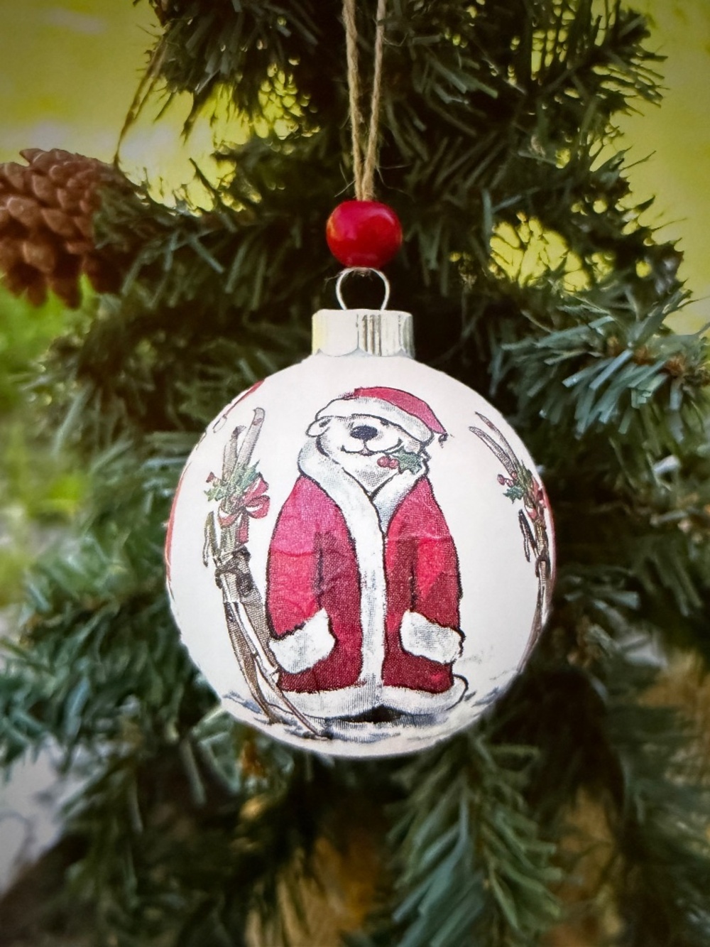 Skiing Polar Bear Christmas Ornament, Handmade Toule Decoupage